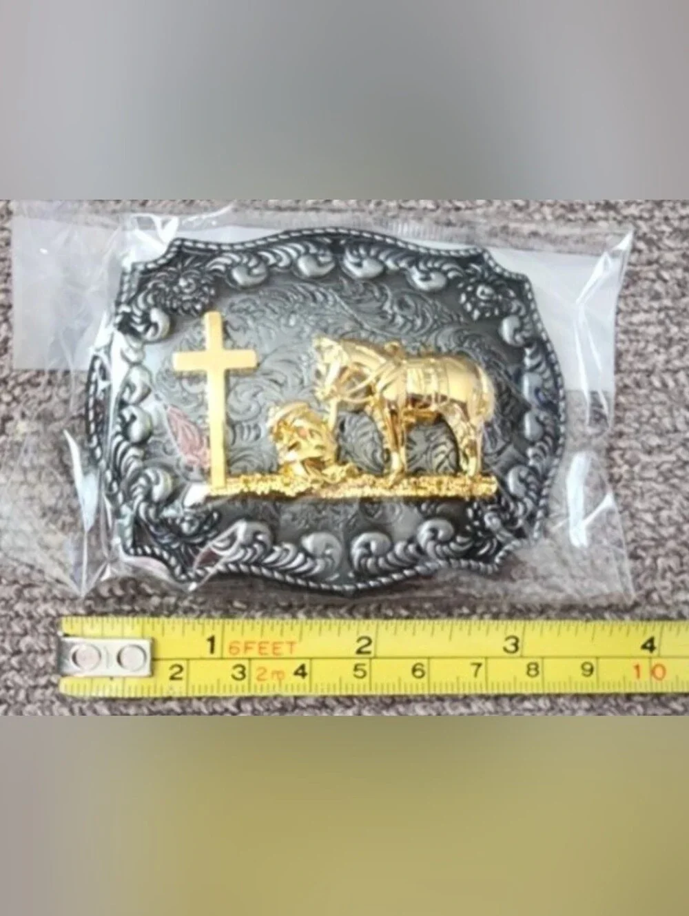 Faith Horse and cowboy Kneeling at cross Belt Buckle Small Size